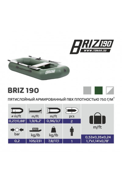 Лодка ПВХ Тонар Бриз 190 (зеленая) Лодка ПВХ Тонар Бриз 190 (зеленая)