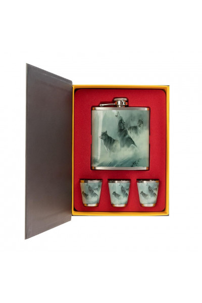 Фляжка и набор стопок Helios Книга охотника Волки 210 мл HS-KO-W-A19