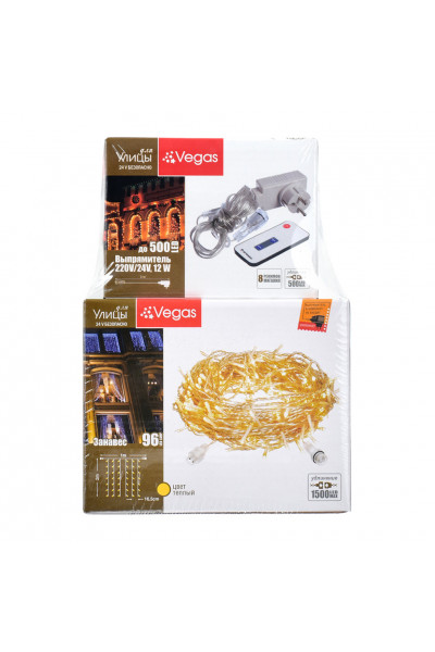Уличная светодиодная гирлянда (теплый свет) Vegas Занавес 96 LED, 6 нитей, 1х2 м, 24V 55125 Уличная светодиодная гирлянда (теплый свет) Vegas Занавес 96 LED, 6 нитей, 1х2 м, 24V 55125